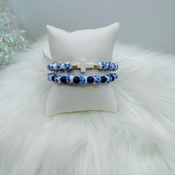 Ceramic Floral mix Beaded & Cross Stretch Bracelet Duo - Picture 4 of 5